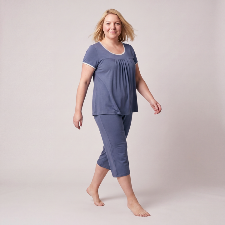 Dusk Blue Cool-jams NightCool Pleated T-Shirt Capri Set for women, breathable Kottinu fabric