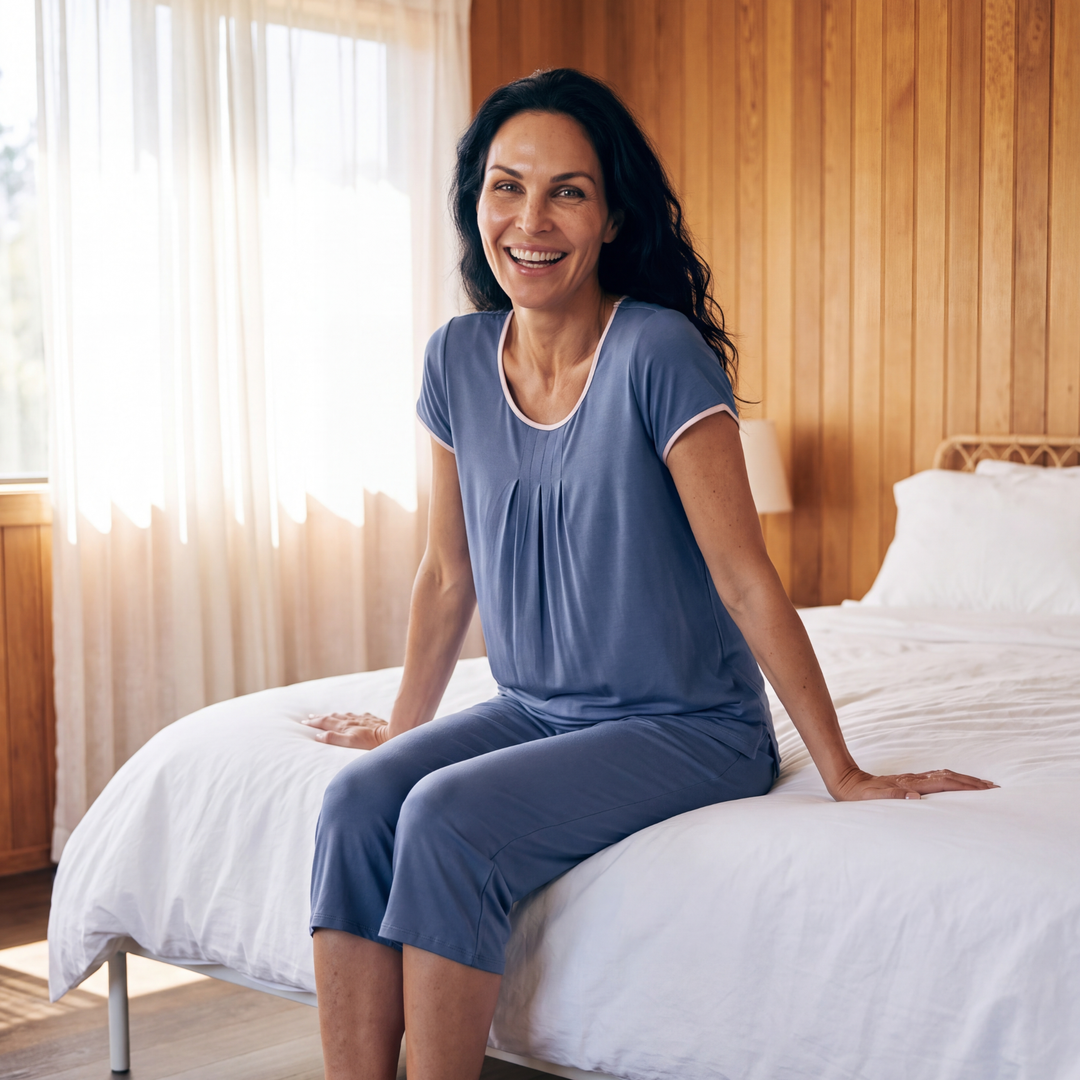 Dusk Blue Cool-jams NightCool Pleated T-Shirt Capri Set for women, lifestyle view, cooling sleepwear for hot sleepers