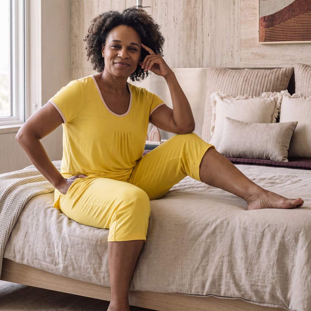 Lemon Cool-jams NightCool Pleated T-Shirt Capri Set for women, lifestyle view, breathable Kottinu fabric