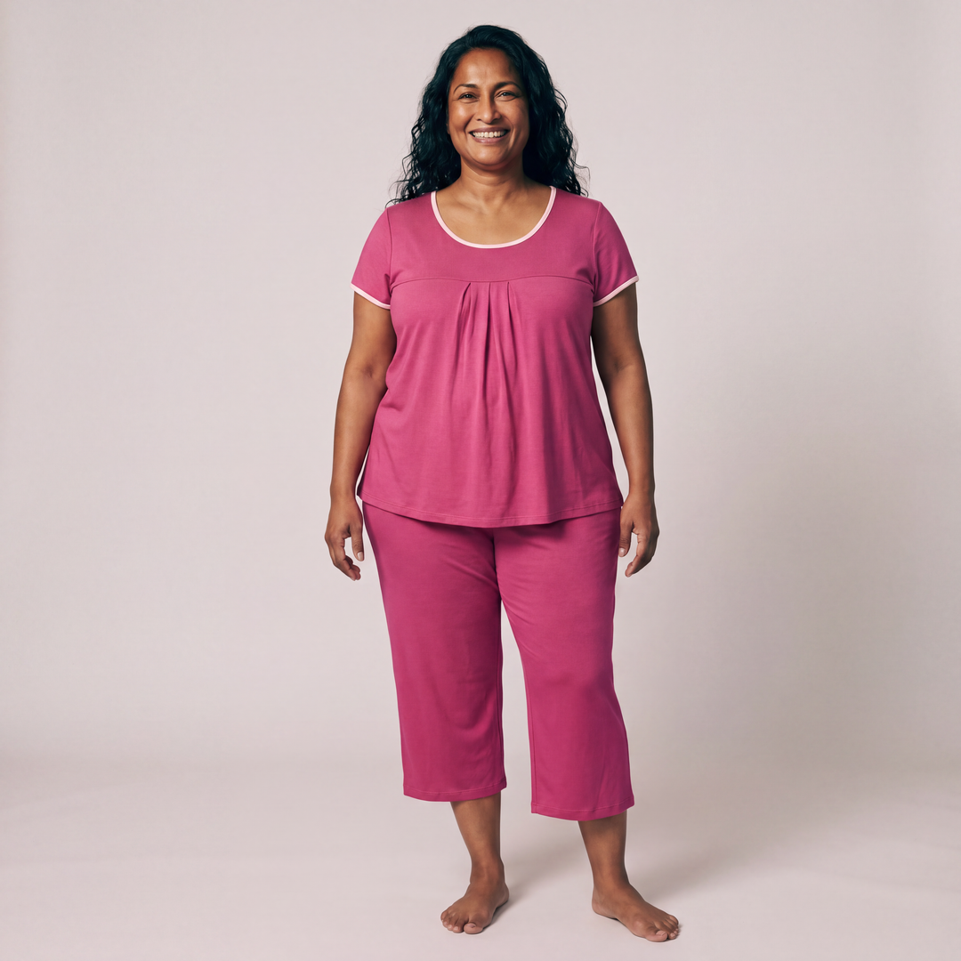 Raspberry Cool-jams NightCool Pleated T-Shirt Capri Set for women, breathable Kottinu fabric