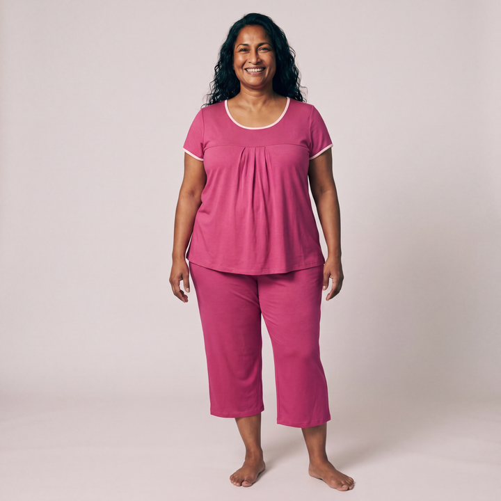 Raspberry Cool-jams NightCool Pleated T-Shirt Capri Set for women, breathable Kottinu fabric