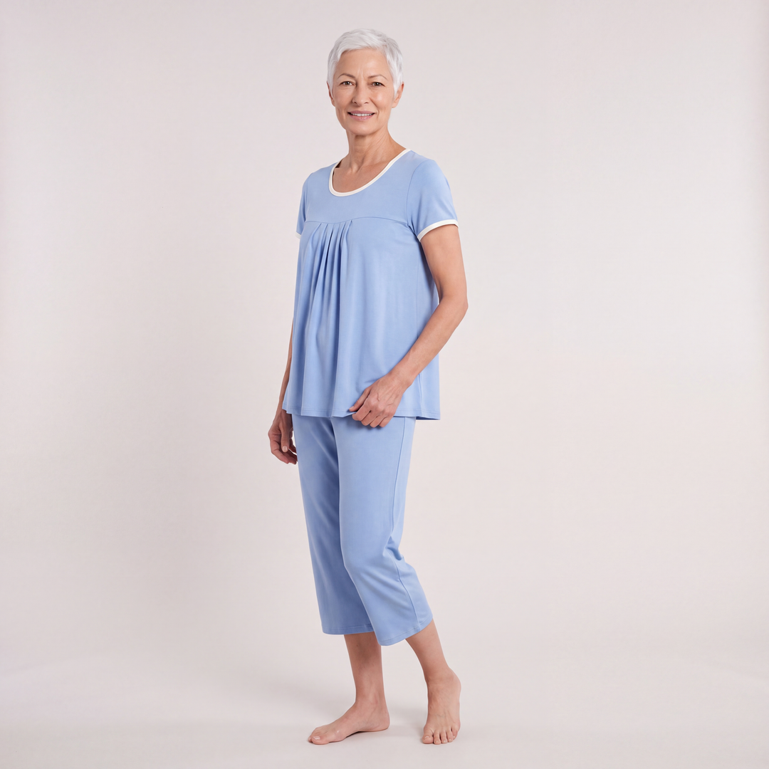 Sky Blue Cool-jams NightCool Pleated T-Shirt Capri Set for women, cooling sleepwear for hot sleepers