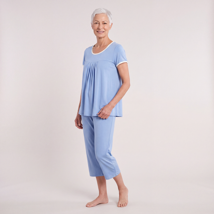 Sky Blue Cool-jams NightCool Pleated T-Shirt Capri Set for women, cooling sleepwear for hot sleepers