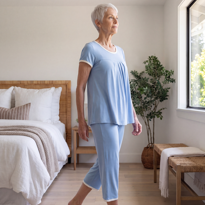 Sky Blue Cool-jams NightCool Pleated T-Shirt Capri Set for women, lifestyle view, made for night sweats and hot flashes