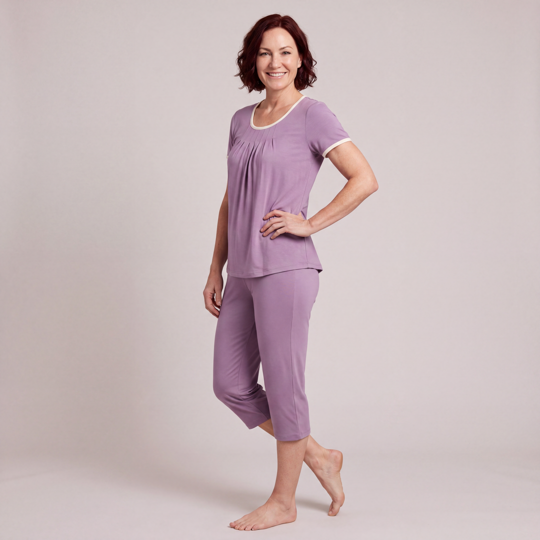 Violet Cool-jams NightCool Pleated T-Shirt Capri Set for women, cooling sleepwear for hot sleepers