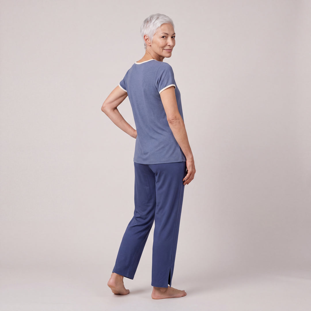 Dusk Blue Cool-jams NightCool Pleated T-Shirt for women with cream binding, worn with matching drawstring pants, back view, full length