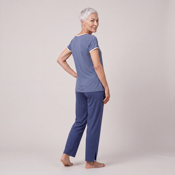 Dusk Blue Cool-jams NightCool Pleated T-Shirt for women with cream binding, worn with matching drawstring pants, back view, full length