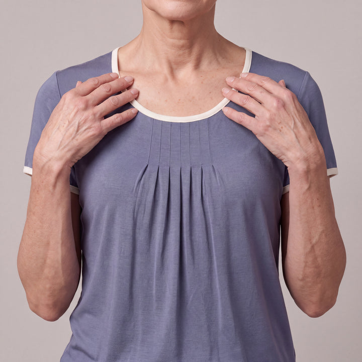 Dusk Blue Cool-jams NightCool Pleated T-Shirt for women, close-up detail of the pleated neckline and cream binding