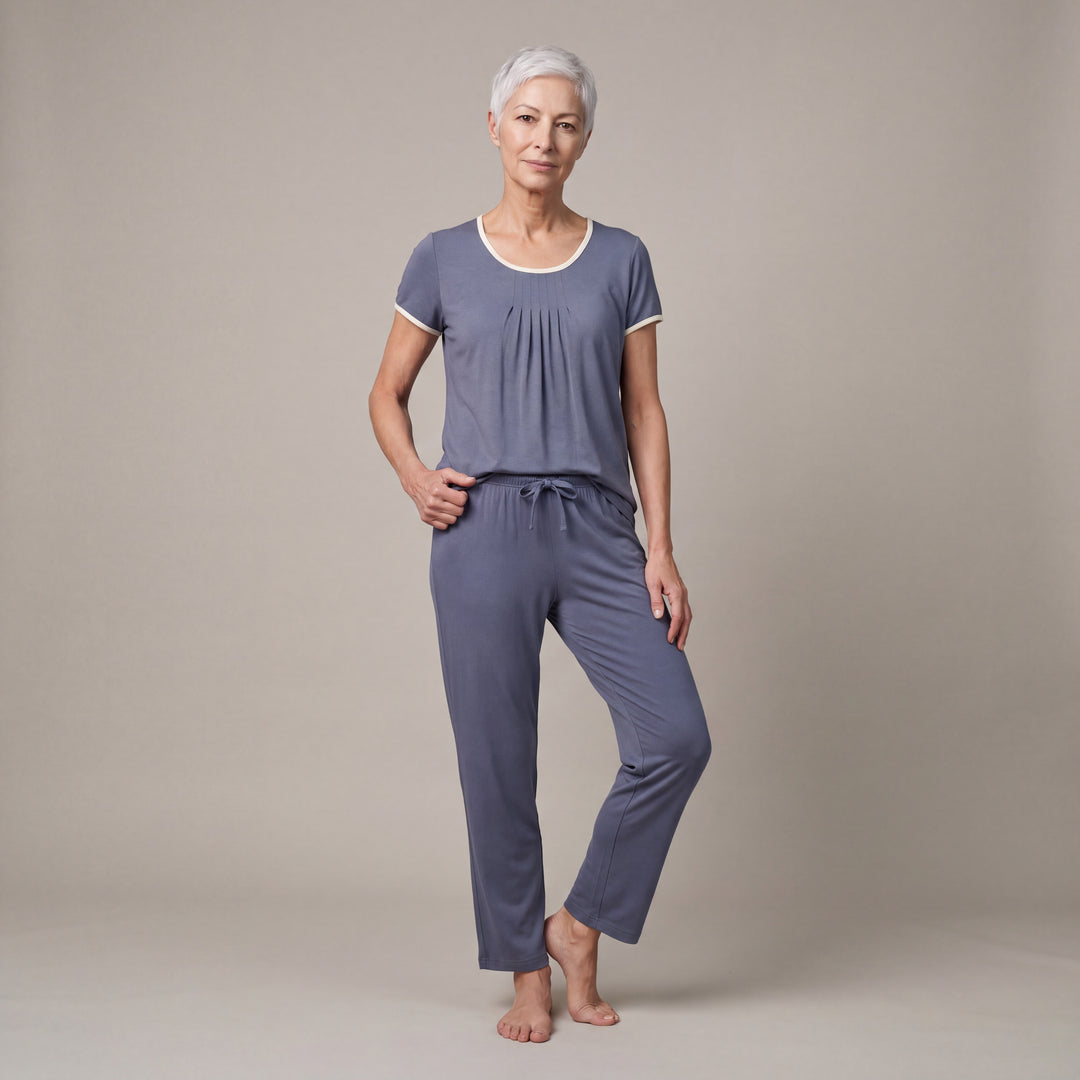Dusk Blue Cool-jams NightCool Pleated T-Shirt for women with cream binding, worn with matching drawstring pants, front view, full length