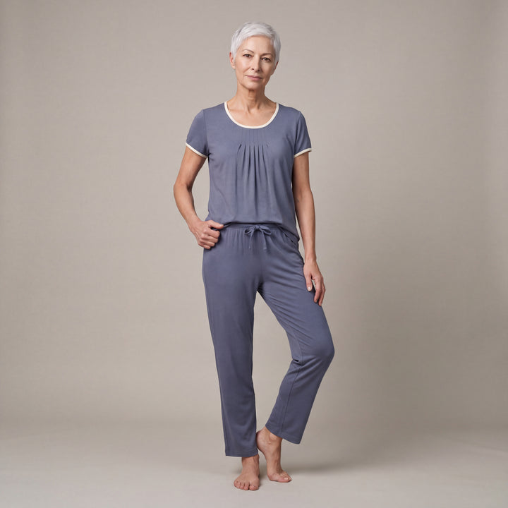 Dusk Blue Cool-jams NightCool Pleated T-Shirt for women with cream binding, worn with matching drawstring pants, front view, full length