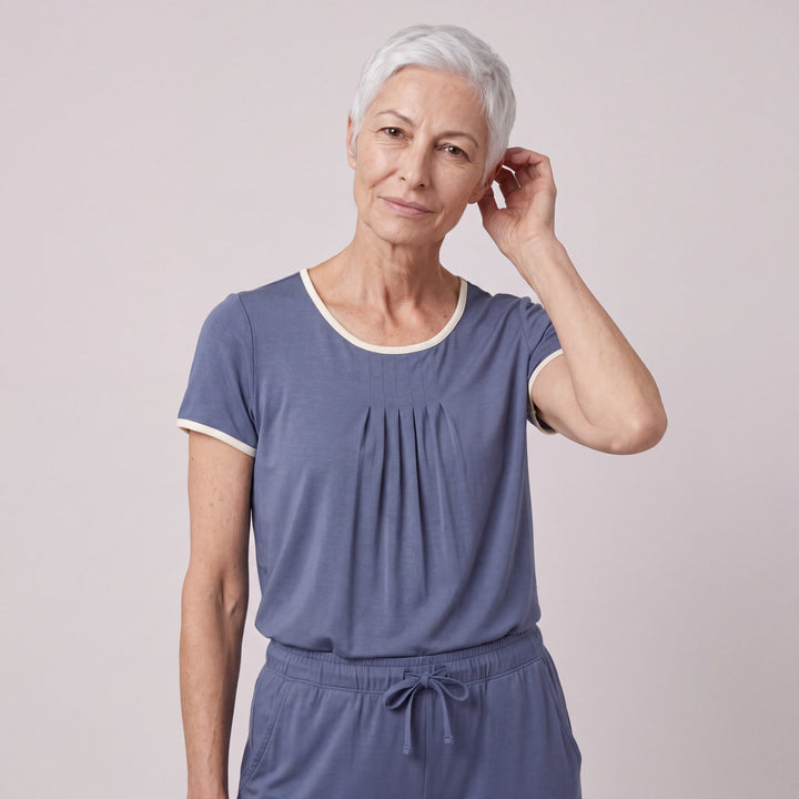 Dusk Blue Cool-jams NightCool Pleated T-Shirt for women with cream binding, worn with matching drawstring pants, close-up from head to hips