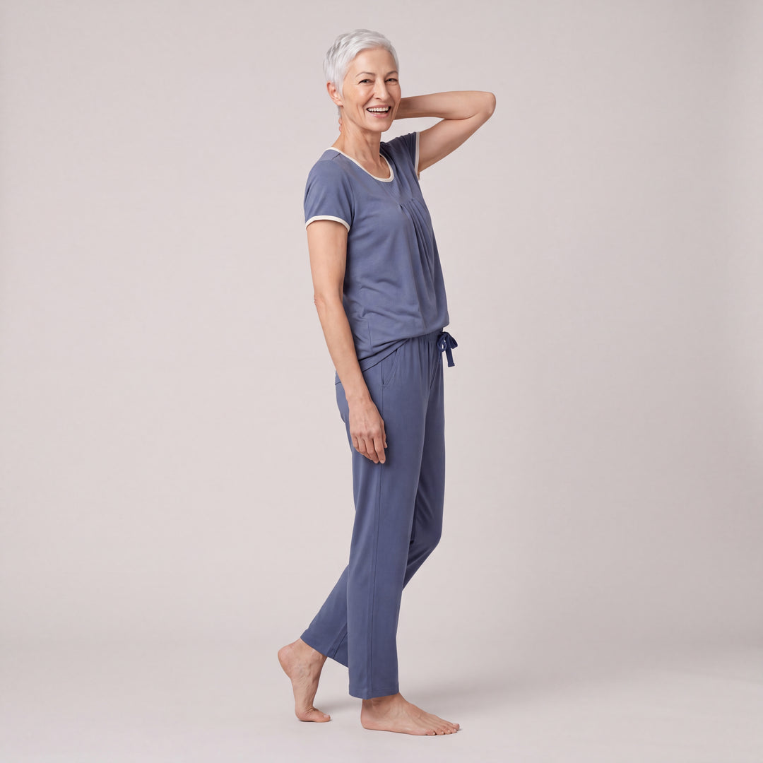 Dusk Blue Cool-jams NightCool Pleated T-Shirt for women with cream binding, worn with matching drawstring pants, side view, full length