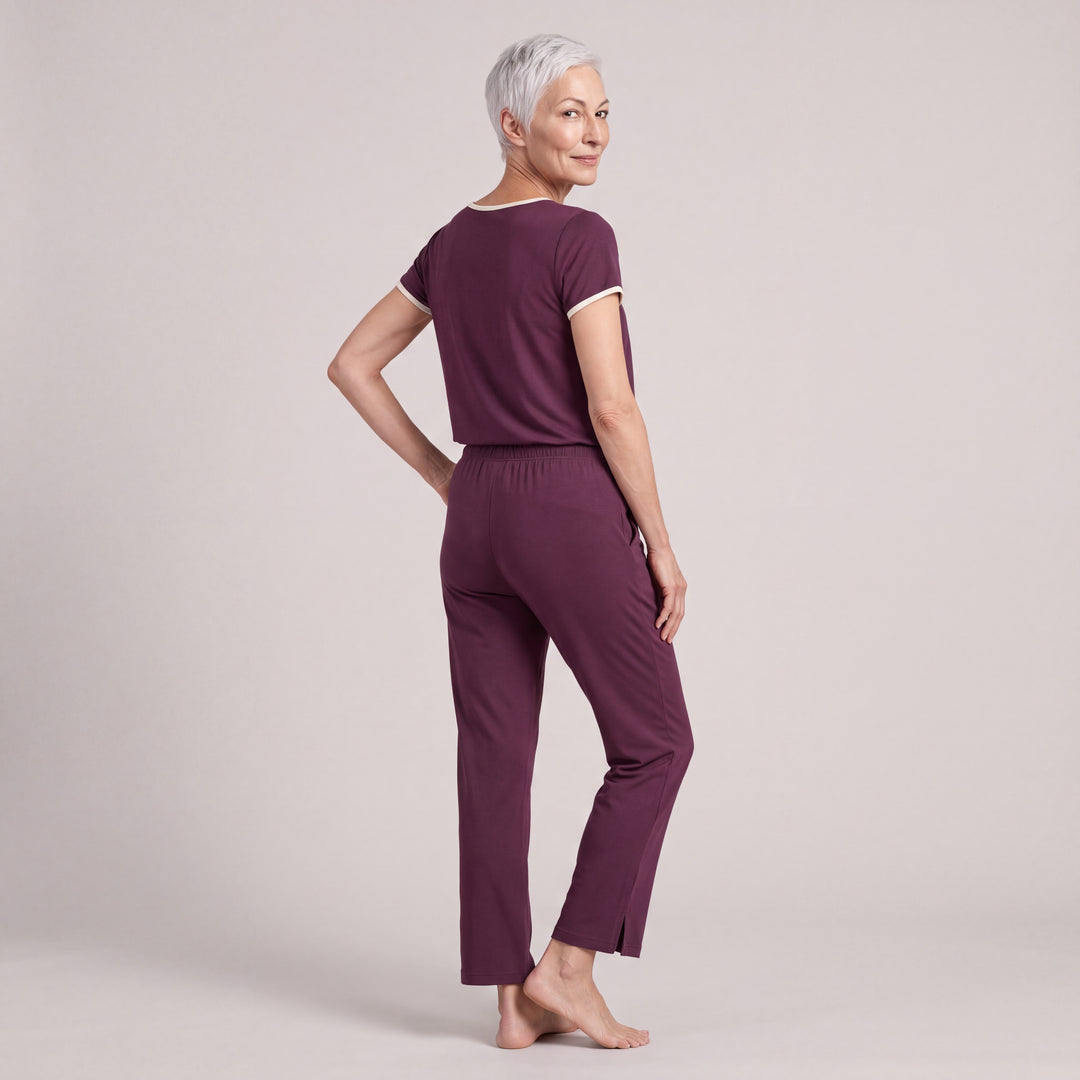 Merlot Cool-jams NightCool Pleated T-Shirt for women with cream binding, worn with matching drawstring pants, back view, full length