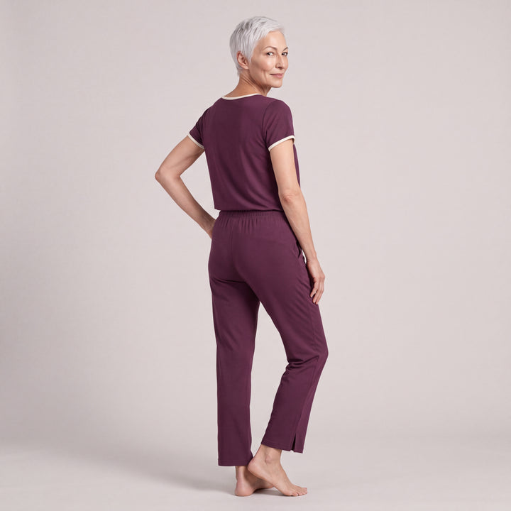 Merlot Cool-jams NightCool Pleated T-Shirt for women with cream binding, worn with matching drawstring pants, back view, full length