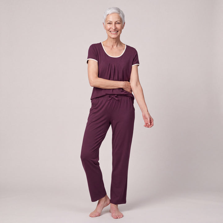 Merlot Cool-jams NightCool Pleated T-Shirt for women with cream binding, worn with matching drawstring pants, front view, full length