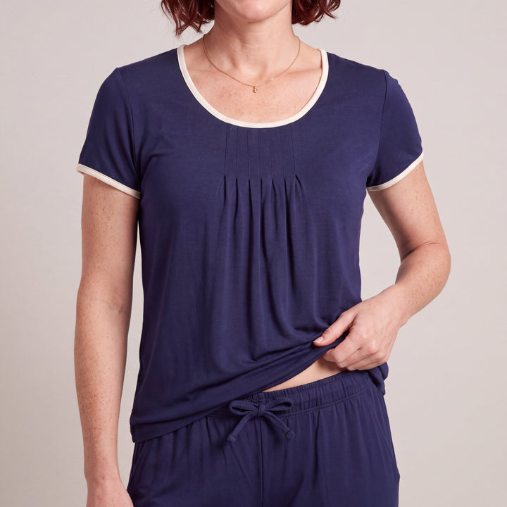Navy Cool-jams NightCool Pleated T-Shirt for women, close-up detail of the pleated neckline and cream binding