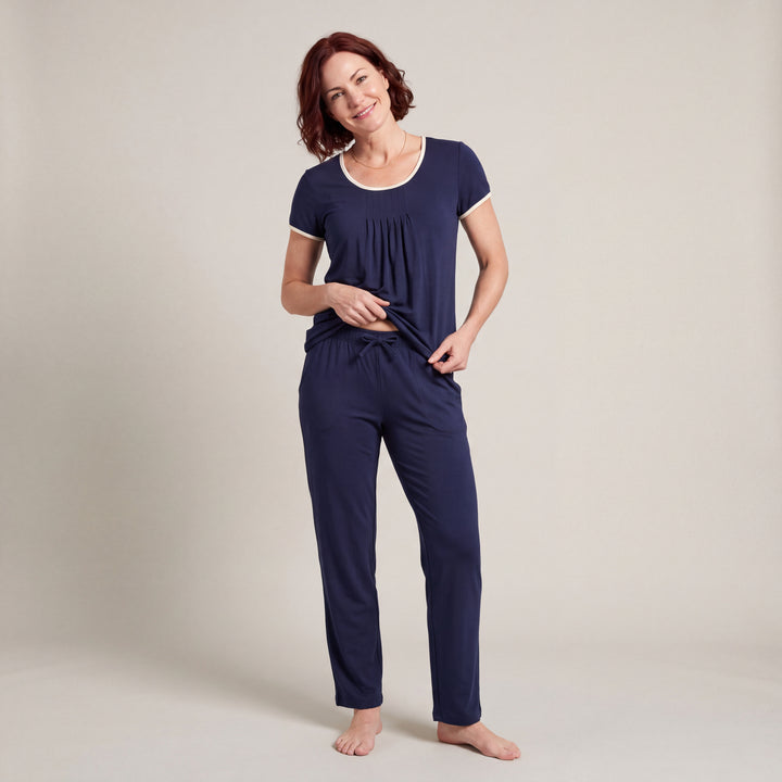 Navy Cool-jams NightCool Pleated T-Shirt for women with cream binding, worn with matching drawstring pants, front view, full length