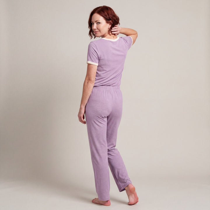 Violet Cool-jams NightCool Pleated T-Shirt for women with cream binding, worn with matching drawstring pants, back view, full length