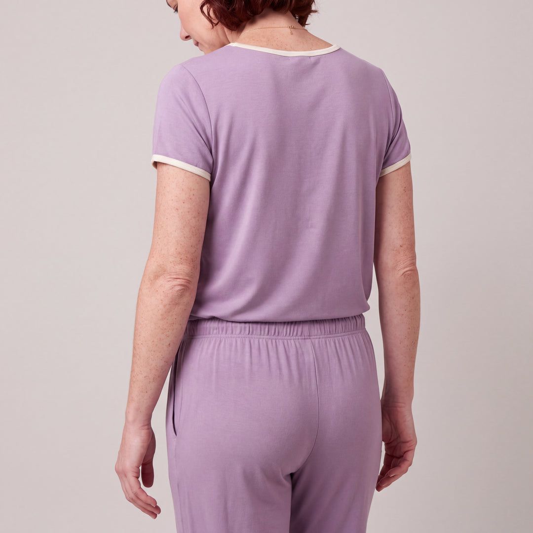 Violet Cool-jams NightCool Pleated T-Shirt for women, close-up, back view, the cream binding at the back neck