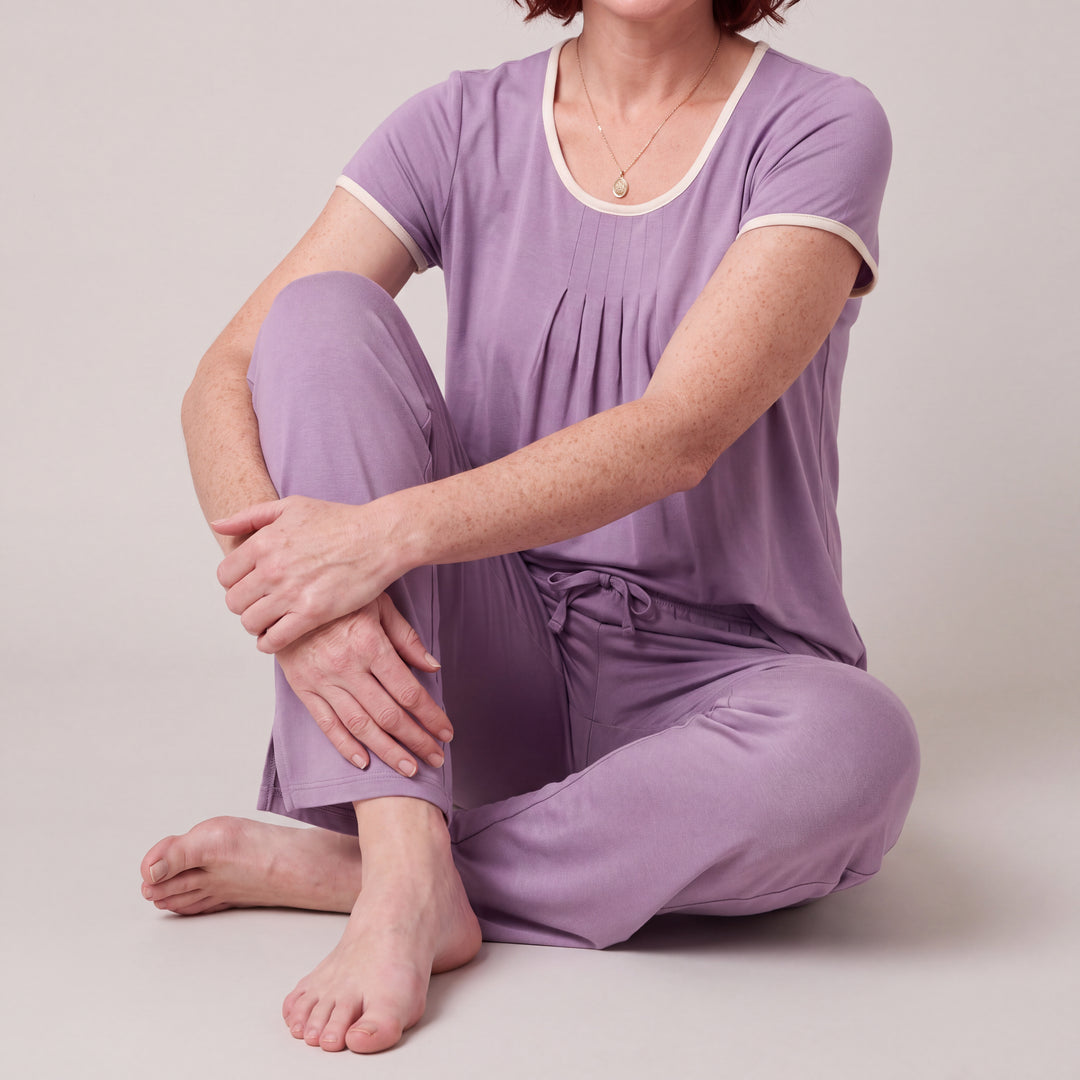 Violet Cool-jams NightCool Pleated T-Shirt for women, close-up, seated with arms round her shins