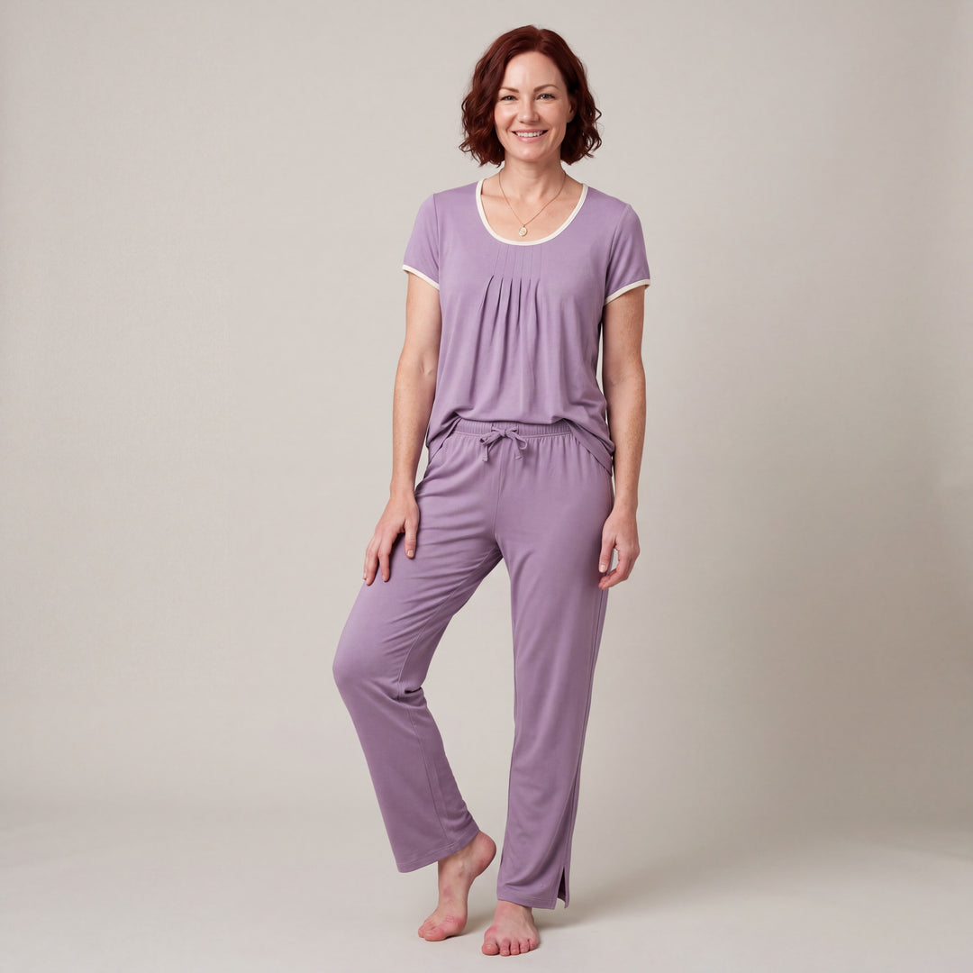 Violet Cool-jams NightCool Pleated T-Shirt for women with cream binding, worn with matching drawstring pants, front view, full length