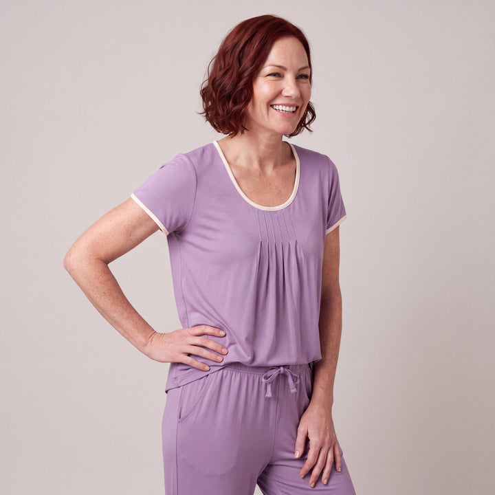 Violet Cool-jams NightCool Pleated T-Shirt for women with cream binding, worn with matching drawstring pants, close-up from head to hips