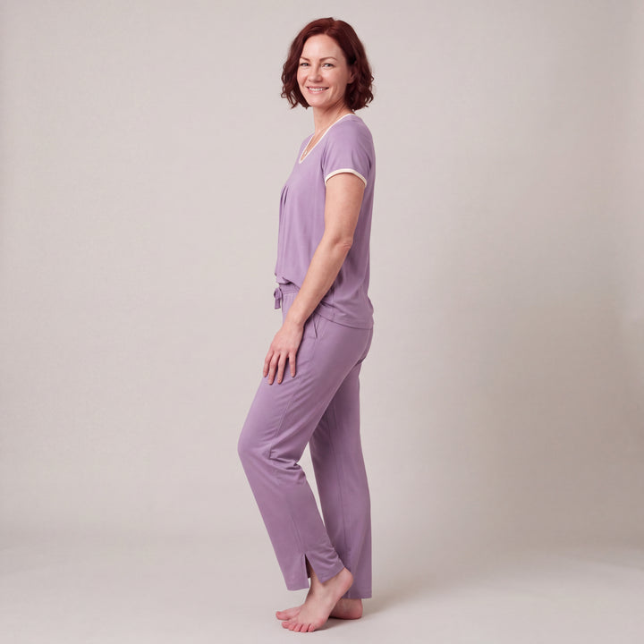 Violet Cool-jams NightCool Pleated T-Shirt for women with cream binding, worn with matching drawstring pants, side view, full length