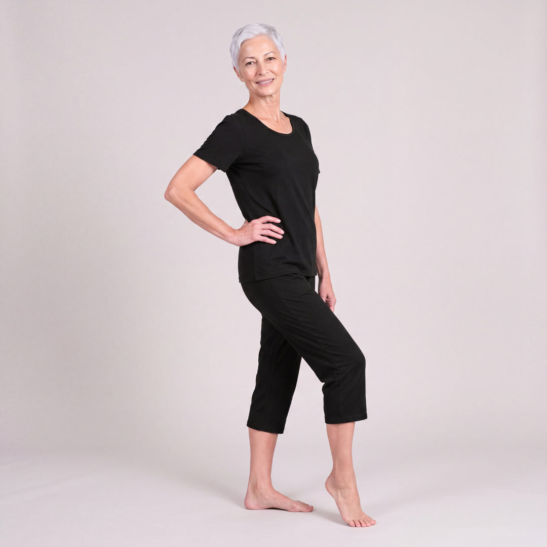 Black Cool-jams Women's NightCool Scoop Neck Drawstring Capri Pajama Set, full length, hand on hip