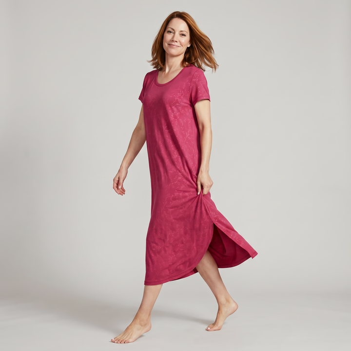 Raspberry Vine Cool-jams NightCool Scoop Neck Nightshirt for women, shown walking, cooling nightwear