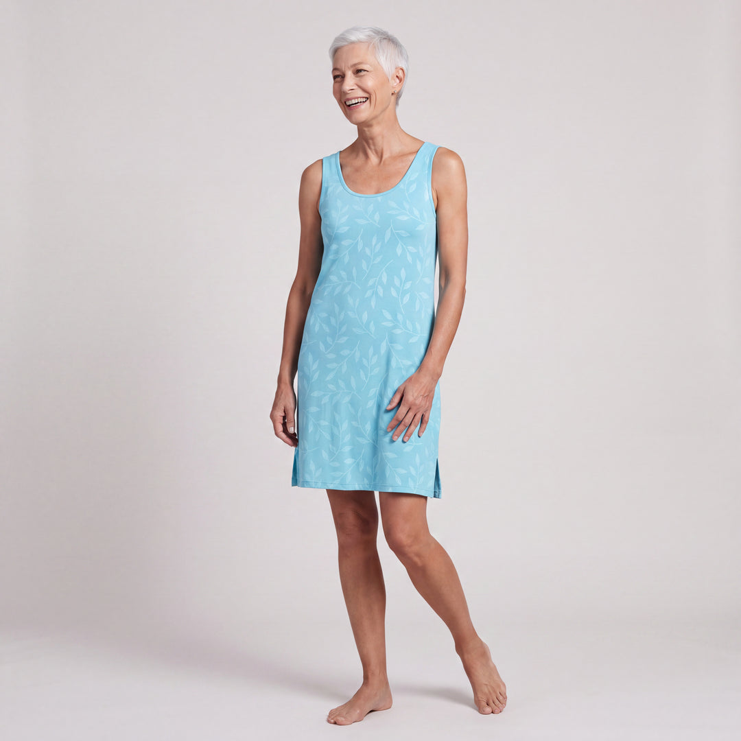 Island Leaf Cool-jams NightCool Scoop Neck Short Tank Nightgown/Coverup for women, shown mid-step