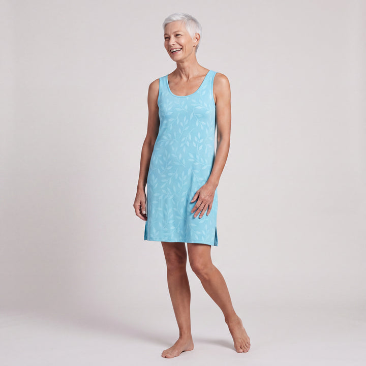 Island Leaf Cool-jams NightCool Scoop Neck Short Tank Nightgown/Coverup for women, shown mid-step