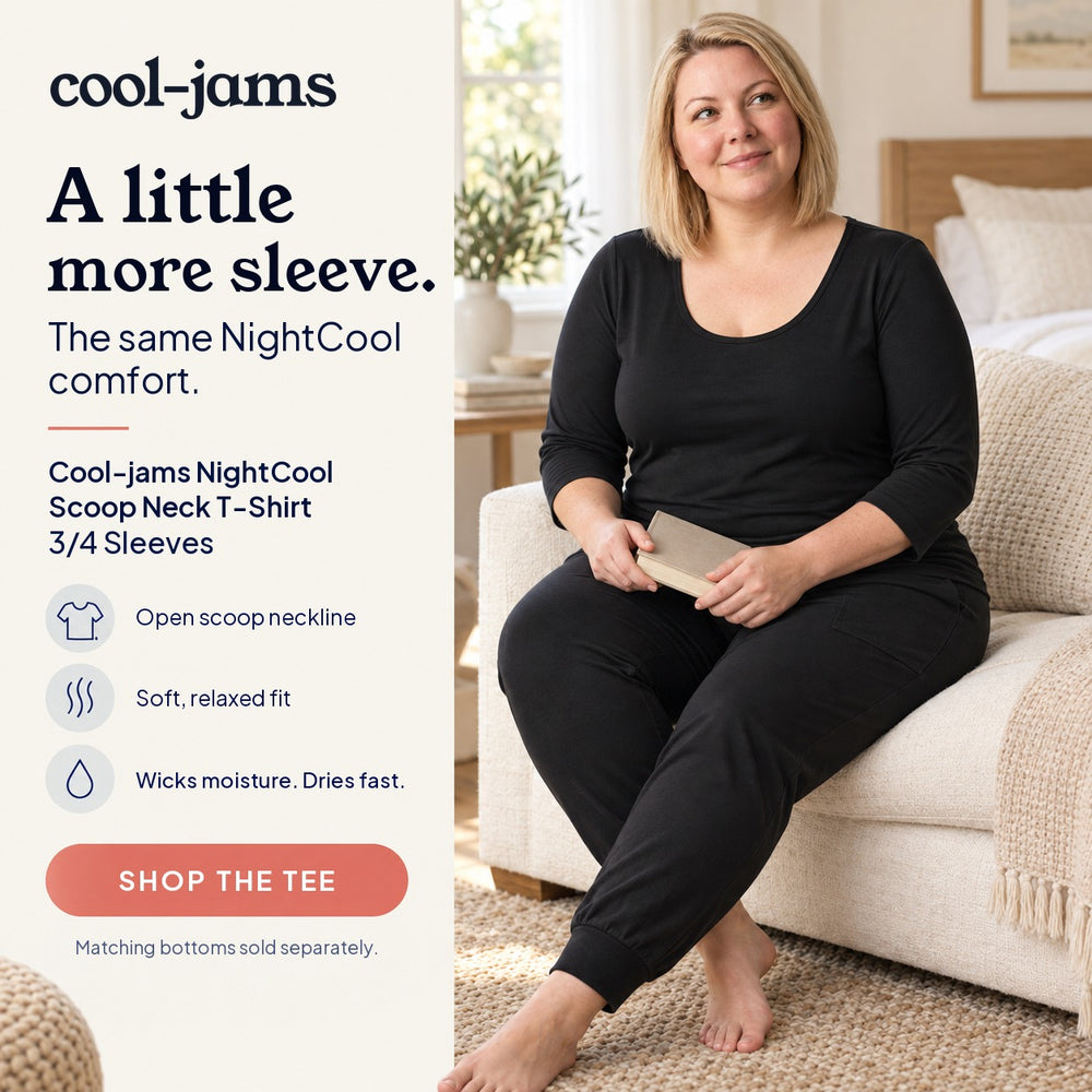 Black Cool-jams Women's NightCool Scoop Neck T-Shirt - 3/4 Sleeves, lifestyle photograph. A little more sleeve.