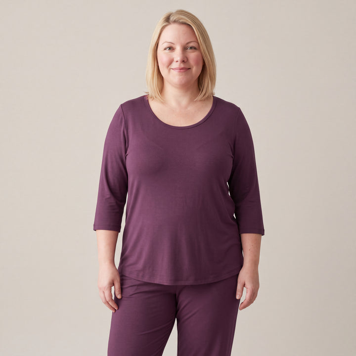Merlot Cool-jams NightCool Scoop Neck T-Shirt - 3/4 Sleeves for women, worn with matching pants, model standing