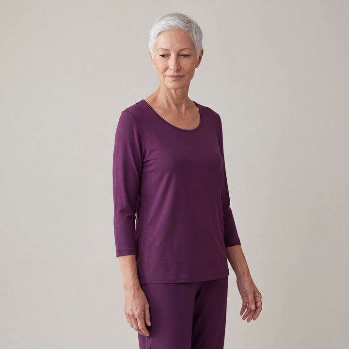 Merlot Cool-jams NightCool Scoop Neck T-Shirt - 3/4 Sleeves for women, worn with matching pants, model standing