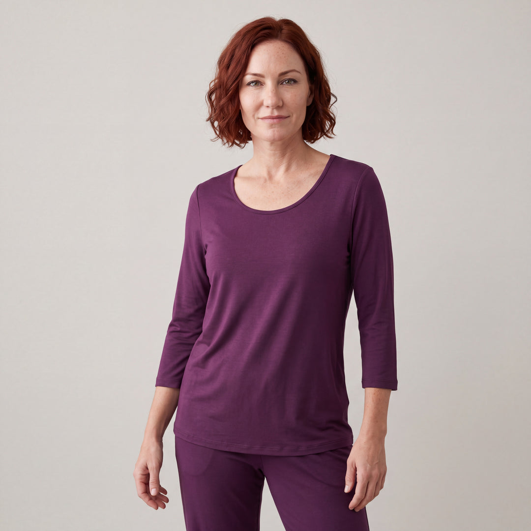 Merlot Cool-jams NightCool Scoop Neck T-Shirt - 3/4 Sleeves for women, worn with matching pants, model standing