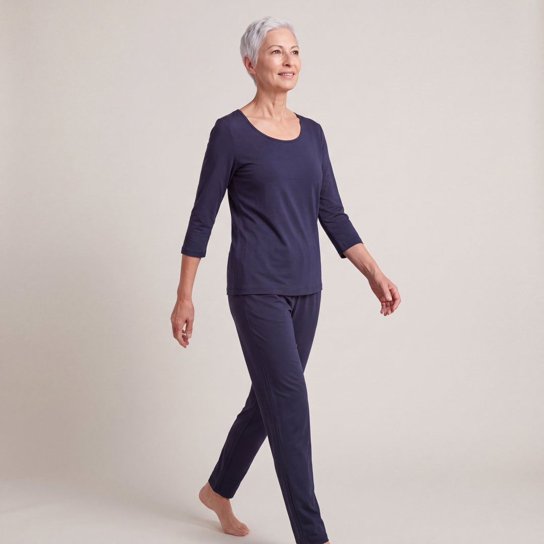 Navy Cool-jams NightCool Scoop Neck T-Shirt - 3/4 Sleeves for women, worn with matching pants, model walking, full length