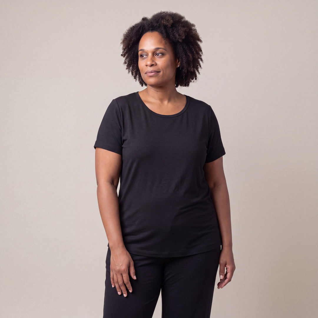 Black Cool-jams NightCool Scoop T-Shirt for women, worn with matching pants, model standing