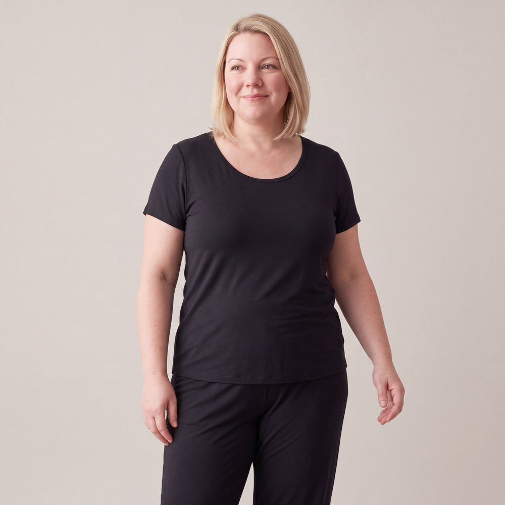 Black Cool-jams NightCool Scoop T-Shirt for women, worn with matching pants, model standing