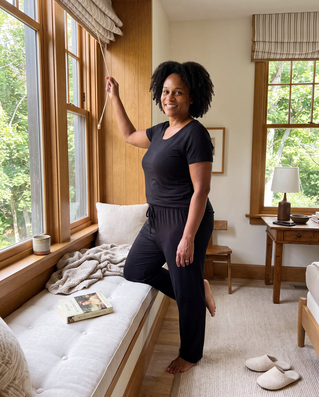 Black Cool-jams NightCool Scoop T-Shirt and Pants for women, worn at home, lifestyle