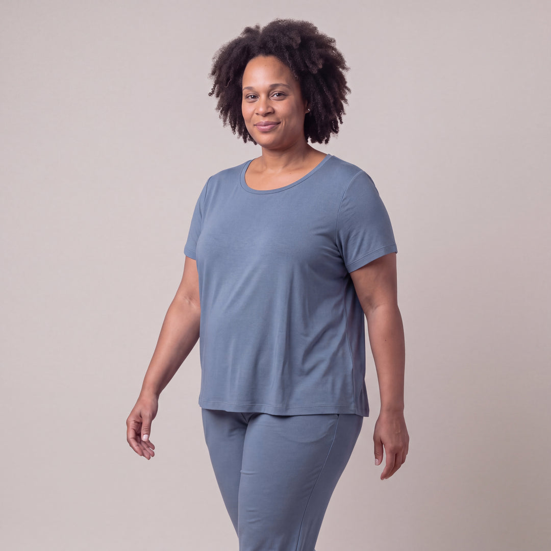 Dusk Blue Cool-jams NightCool Scoop T-Shirt for women, worn with matching pants, model walking