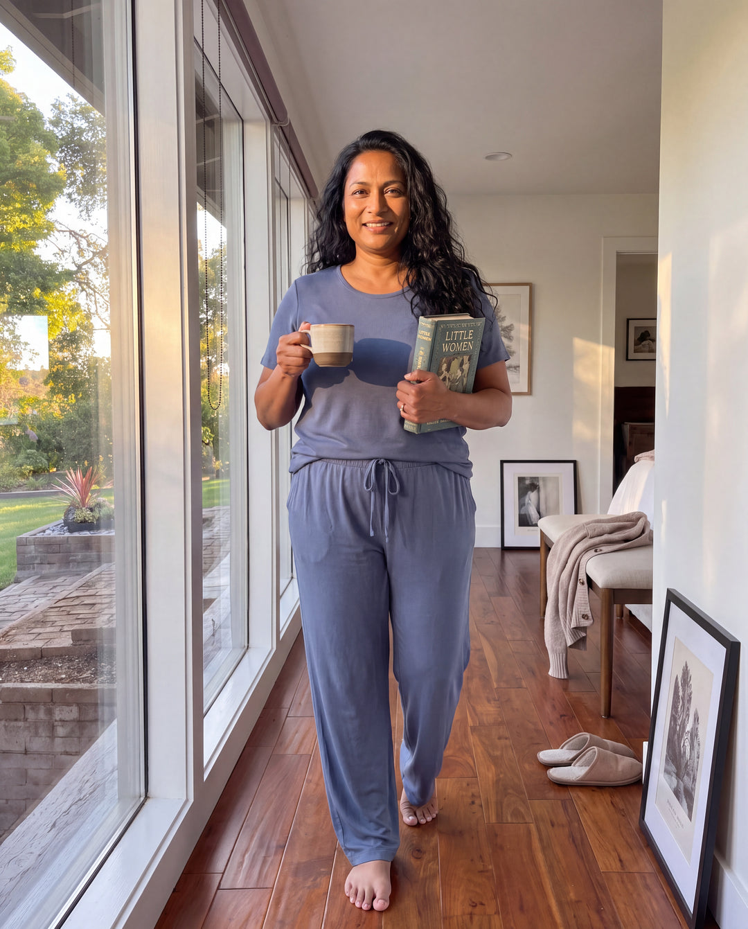 Dusk Blue Cool-jams NightCool Scoop T-Shirt and Pants for women, worn at home, lifestyle