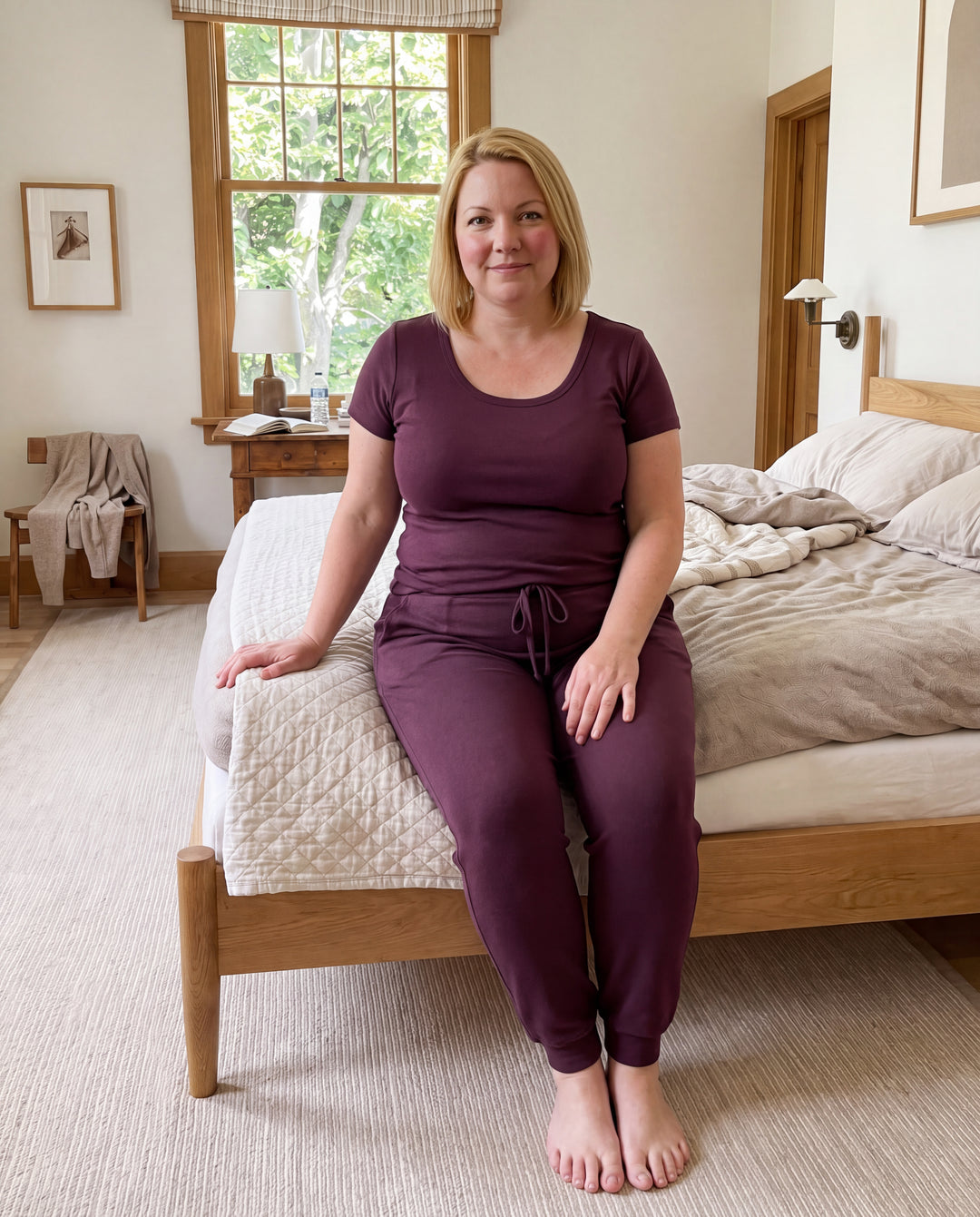 Merlot Cool-jams NightCool Scoop T-Shirt and Pants for women, worn at home, lifestyle
