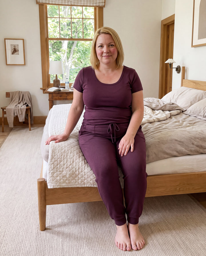 Merlot Cool-jams NightCool Scoop T-Shirt and Pants for women, worn at home, lifestyle