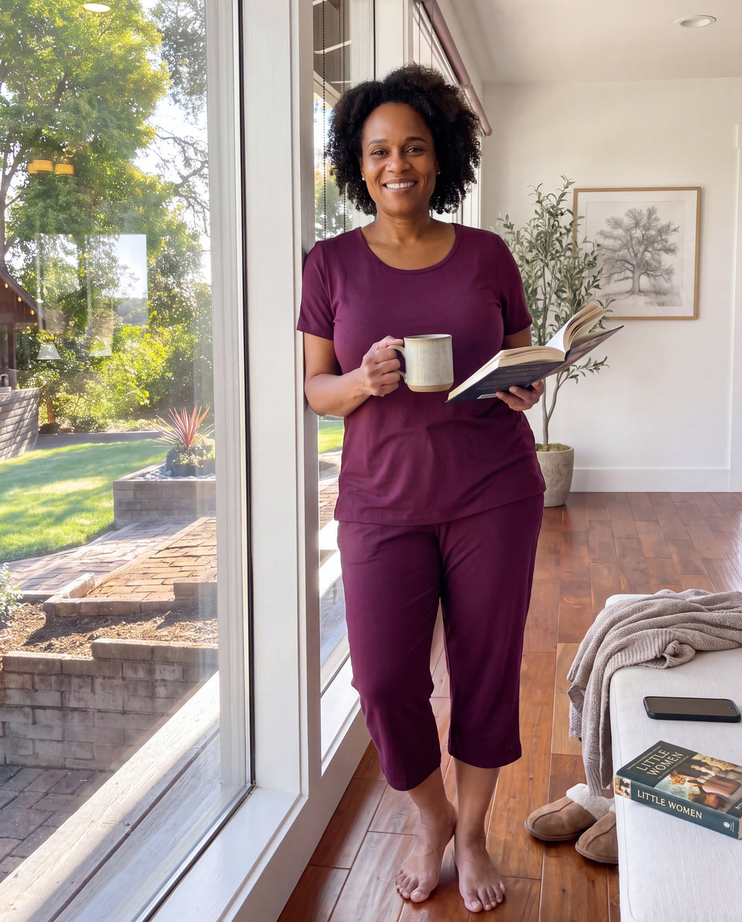 Merlot Cool-jams NightCool Scoop T-Shirt and Capri Pants for women, worn at home, lifestyle