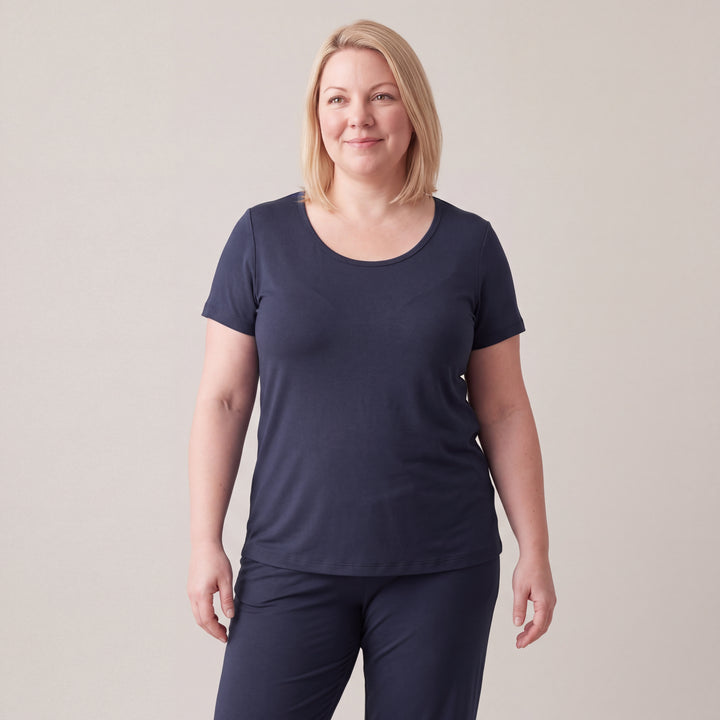 Navy Cool-jams NightCool Scoop T-Shirt for women, worn with matching pants, model standing