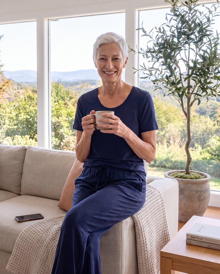 Navy Cool-jams NightCool Scoop T-Shirt and Pants for women, worn at home, lifestyle