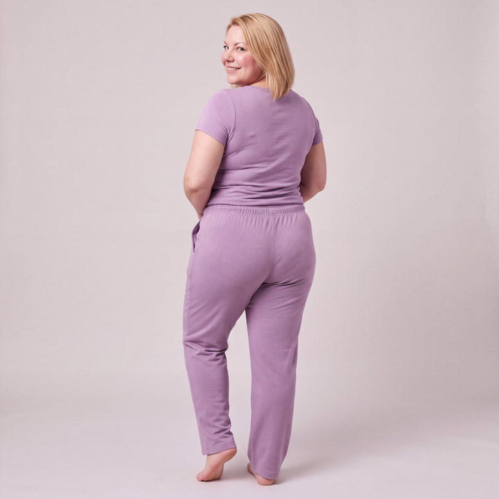 Violet Cool-jams NightCool Scoop T-Shirt for women, worn with matching drawstring pants, back view, full length