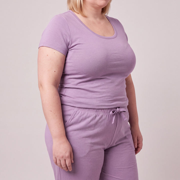 Violet Cool-jams NightCool Scoop T-Shirt for women, close-up, three-quarter view, the scoop neck