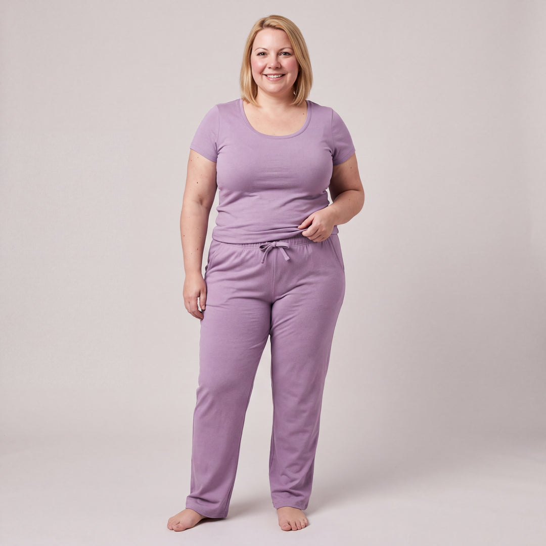 Violet Cool-jams NightCool Scoop T-Shirt for women, worn with matching drawstring pants, front view, full length