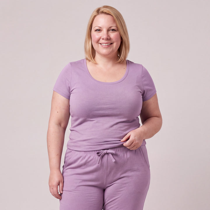 Violet Cool-jams NightCool Scoop T-Shirt for women, worn with matching drawstring pants, close-up from head to hips